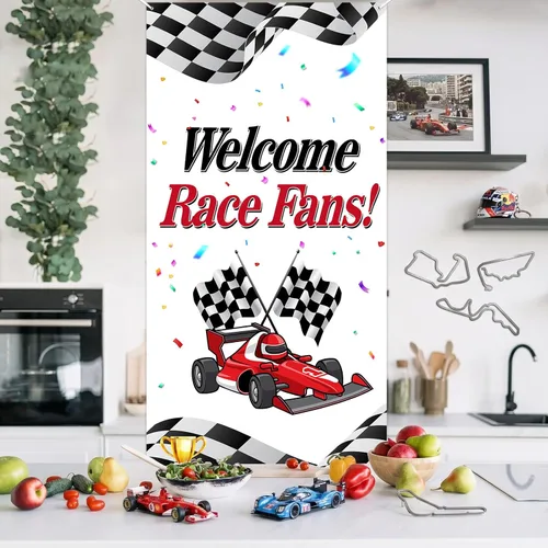 Miniatura 5 de Decoración temática de bienvenida para fanáticos de carreras de coches de carreras de cumpleaños para cabina de fotos, telón de fondo, trofeo