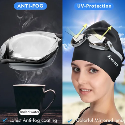 Miniatura 4 de Keary Paquete de 2 gafas de natación antivaho para adultos, jóvenes y niños mayores de 6 años, gafas de triatlón impermeables contra los rayos UV