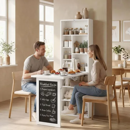 Miniatura 9 de HOMCOM Escritorio plegable convertible con pizarra, escritorio de computadora montado en la pared que ahorra espacio con estantes de almacenamiento