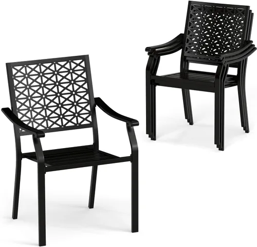 Miniatura 9 de Giantex Juego de 2 sillas apilables de comedor para patio, sillas de metal apilables para exteriores con reposabrazos, marco de acero reforzado