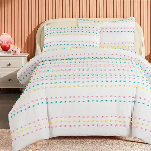 Miniatura 2 de HOMBYS Juego de edredón de ropa de cama con pompones mechudos para niñas, juego de edredón jacquard boho blanco de 3 piezas para niños para todas