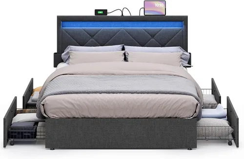 Miniatura 8 de VASAGLE Base de cama LED tamaño individual, cama individual con cabecera y 4 cajones, 1 puerto USB y 1 puerto tipo C, cabecera tapizada ajustable