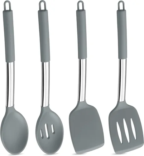 Miniatura 8 de P&P CHEF Juego de 4 utensilios de cocina de color caqui, espátulas sólidas de silicona, cucharas ranuradas para utensilios de cocina antiadherentes