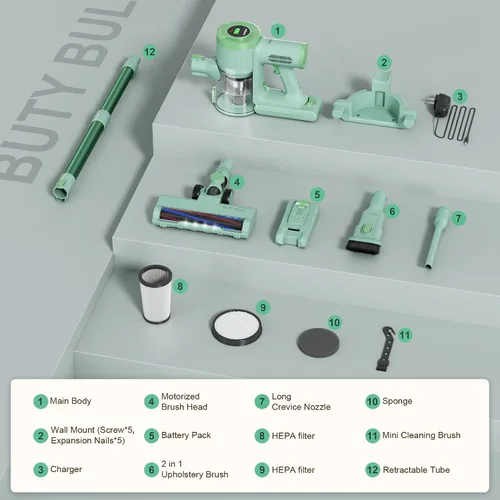 Miniatura 5 de BUTY BULU - Aspiradora inalámbrica de mano, batería recargable de 2200mAh, 30KPa, aspiradora ligera pequeña, escoba eléctrica, pantalla LED, tiempo