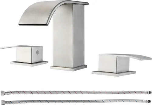 Miniatura 14 de Grifo de baño de cascada de oro cepillado de 8 pulgadas, grifos de baño para fregadero de 3 agujeros, grifo de lavabo de baño generalizado 2 asas