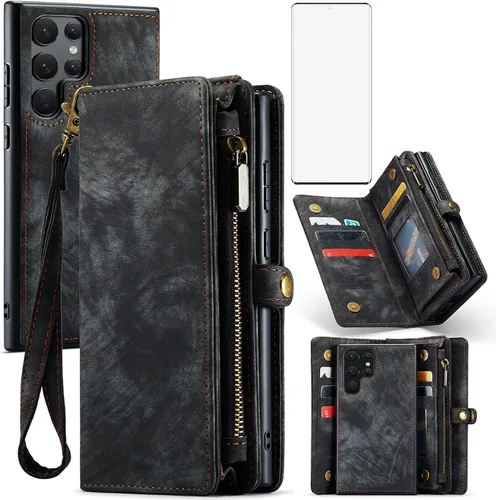 Asuwish Funda de teléfono para Samsung Galaxy S22 Ultra 5G con cremallera, protector de pantalla de vidrio templado y tarjetero abatible, accesorios