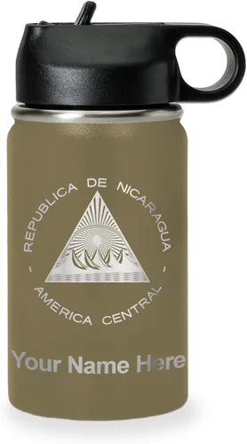 Miniatura 24 de LaserGram Botella de agua personalizada, bandera de Nicaragua, acero inoxidable de doble pared aislada al vacío con popote superior, regalo grabado