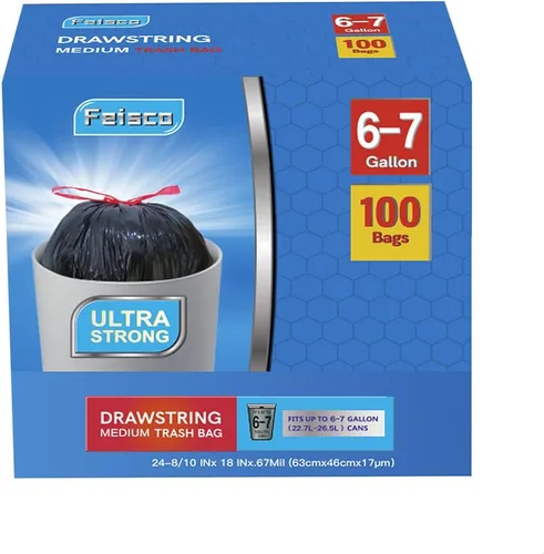 Miniatura 2 de Feisco Bolsa de basura negra de 6 a 7 galones, forro de cubo de basura con cordón mediano, 100 unidades, 0.67 mil