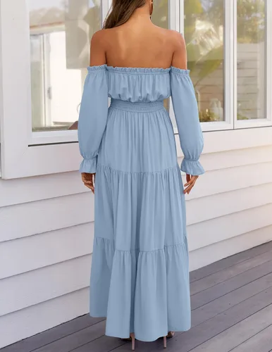 Miniatura 154 de ZESICA - Vestido largo, bohemio y sexy, con hombros descubiertos y manga larga fruncida, con elástico fruncido, cintura alta y abertura lateral