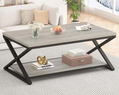 Miniatura 17 de HSH Mesa de sala de estar de madera de metal minimalista moderna negra con estante de almacenamiento, mesa central rectangular de 39 pulgadas y 2