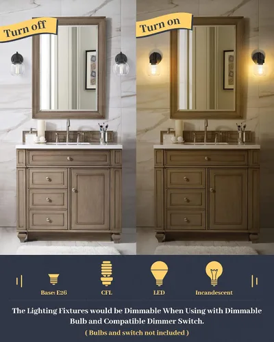 Miniatura 6 de EAPUDUN WLA1433-MBK - Lámpara de baño de 1 luz negra mate sobre espejo, luces de tocador con 1 globo de vidrio transparente, apliques de pared