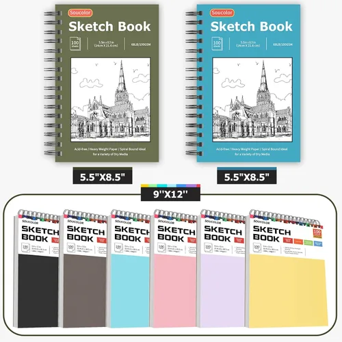 Miniatura 7 de Soucolor Paquete de 2 cuadernos de bocetos de 5.5" x 8.5" pulgadas, 200 hojas cuaderno diario en blanco, A5, bloc de bocetos con encuadernación