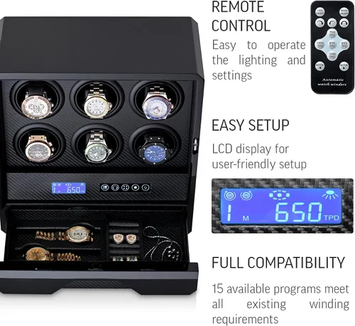 Miniatura 5 de Bobinador de reloj para 6 relojes automáticos con retroiluminación LED, control remoto y cajón de almacenamiento para relojes y joyas