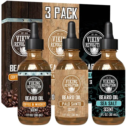Miniatura 9 de Viking Revolution Aceite para barba para hombre, paquete de 3 unidades, juego variado de aceite natural para barba para hombre, aroma de sándalo