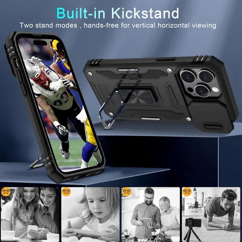 Miniatura 195 de DEERLAMN Funda para iPhone Xs Max con funda deslizante para cámara + protector de pantalla, soporte giratorio de anillo de grado militar a prueba