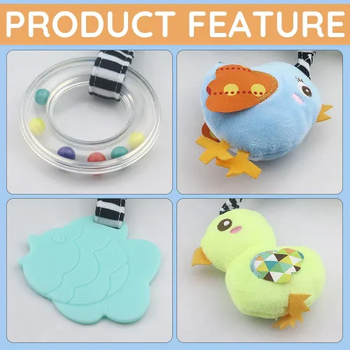 Miniatura 5 de Caterbee Juguetes de asiento de coche para bebé, juguetes colgantes en espiral de actividad, juguetes de cuna de felpa con chirriante para niño