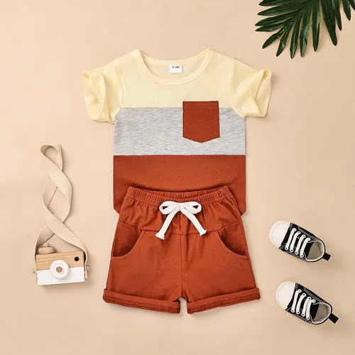 Miniatura 2 de Ropa para bebé niño pequeño, trajes de verano de manga corta, camiseta de retazos y pantalón con bolsillo, conjunto de 2 piezas, 12 meses a 4 años
