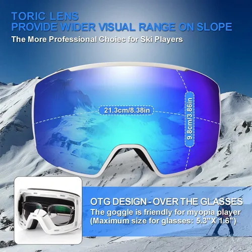 Miniatura 2 de EXP VISION Gafas de esquí magnéticas para snowboard, sin marco, para hombres y mujeres, OTG, lente intercambiable antivaho Azul
