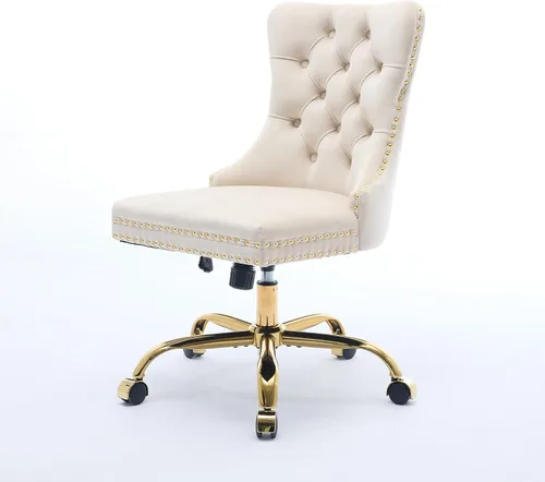 Miniatura 8 de Bonita silla de tocador beige con ruedas, silla de escritorio de oficina cómoda sin brazos de terciopelo para el hogar, silla giratoria