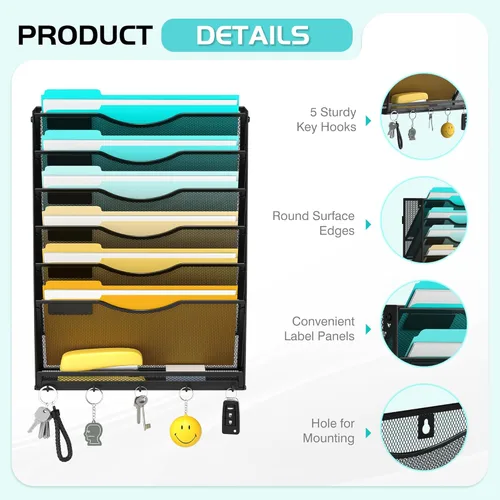 Miniatura 6 de Delifox Organizador de archivos de pared de 7 niveles, soporte para archivos de pared, organizador de carpetas de papel de montaje en pared