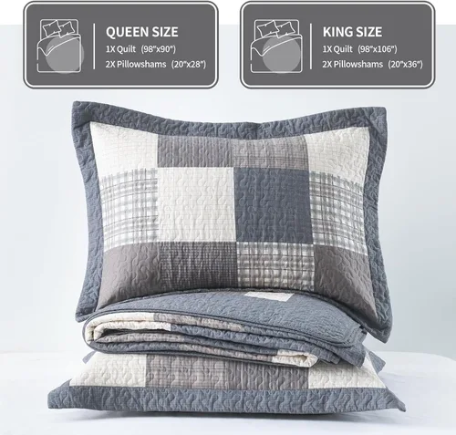 Miniatura 6 de KALOOLA Colcha de granja tamaño King – Juego de ropa de cama acolchada ligera 100% algodón, 3 piezas, colcha a cuadros estampada con 2 fundas