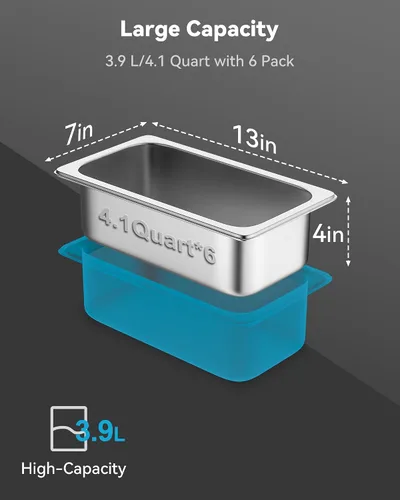 Miniatura 3 de ZeroPone Paquete de 6 Bandejas de Hotel, Tamaño 1/3 de 4 Pulgadas de Profundidad Bandeja de Mesa de Vapor, Calibre 22 Anti Atasco Acero Inoxidable