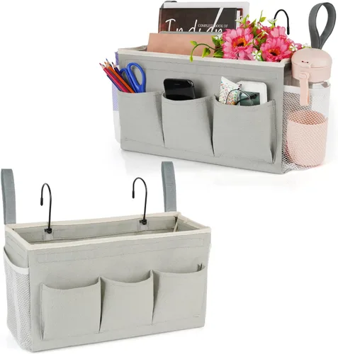 Miniatura 12 de Lilithye Organizador de almacenamiento de cabecera con correas fijas y soporte para botella de agua para el hogar, universidad, dormitorio, Gris