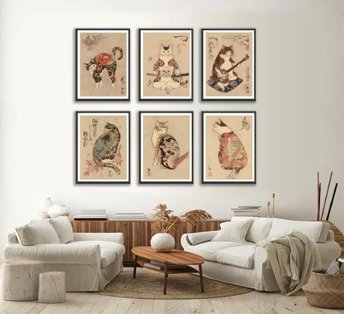 Miniatura 2 de 6 piezas de arte de pared de gato samurái japonés de carteles de decoración de bushido de Japón, pinturas de Kung Fu tatuajes divertidos de fantasía