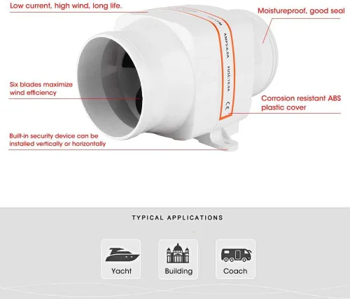 Miniatura 5 de Ventilador de soplador impermeable, soplador de 12 V, soplador de aire de sentina marina, soplador de aire en línea de 4 pulgadas, ventilador
