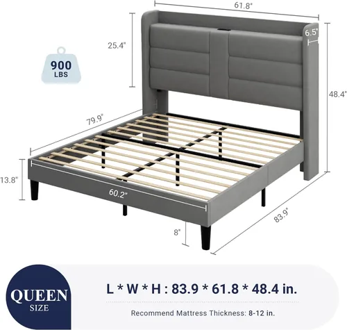 Miniatura 2 de Allewie Base de cama de plataforma tamaño Queen con estación de carga y cabecera de almacenamiento, diseño tapizado de terciopelo con respaldo y Gris