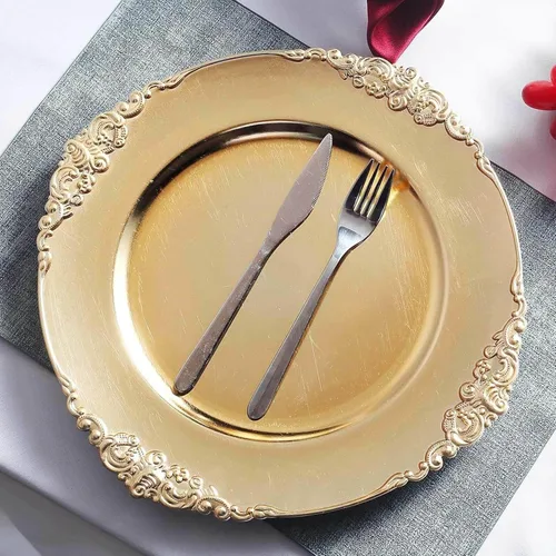 Miniatura 12 de Efavormart - Paquete de 6 platos barrocos redondos de oro rosa de 13 pulgadas, borde en relieve de hojas, perfecto para decoración de catering