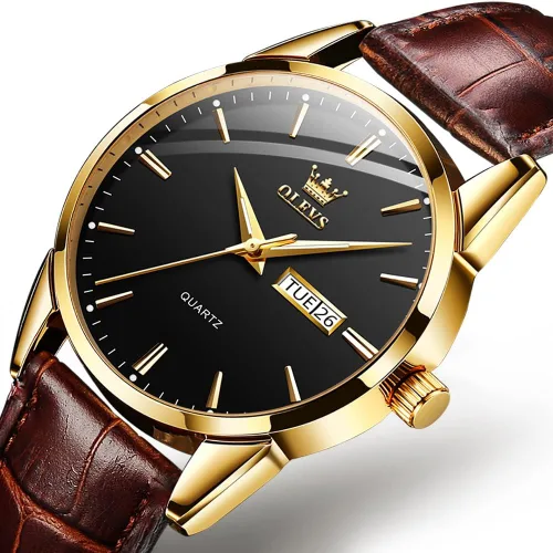 Miniatura 2 de OLEVS Reloj para hombres cronógrafo marrón cuero oro caso analógico cuarzo moda negocios vestido grande hombres reloj día fecha luminoso impermeable