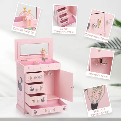 Miniatura 2 de Joyero grande para niñas, caja musical de 5 capas con puerta batiente, bailarina giratoria, juego de joyas de unicornio incluido, caja organizadora