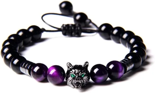 CEYIYA Viking Wolf Head Bracelet - Anti Anxiety Energy Stone Beaded Bracelet for Men and Boys,Healing Crystal Stress Relief Charm Wolf Bracelet for