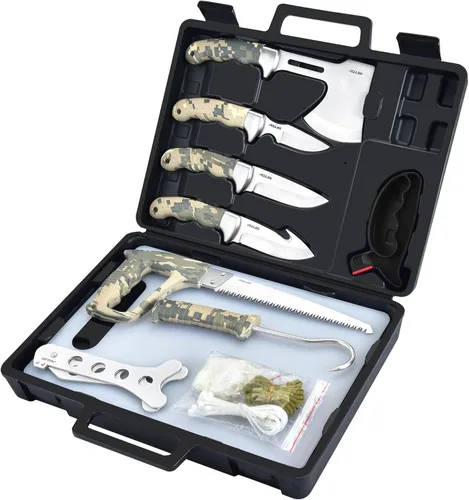 Miniatura 9 de Jellas Kit de cuchillos de caza, juego de 6 cuchillos de acero inoxidable con gancho intestinal, desollado, deshuesado, sierra, guantes y estuche