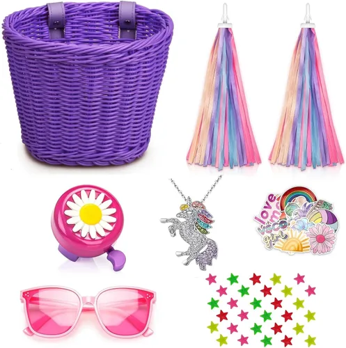 Miniatura 9 de Cesta de bicicleta para manillar para niñas con collar de unicornio, campana, serpentinas, cuentas de rueda, lentes de sol, calcomanías, juego