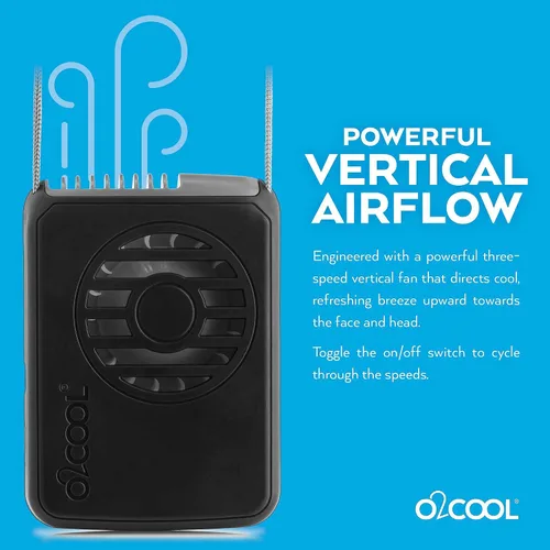 Miniatura 3 de O2COOL Ventilador de enfriamiento de cordón ajustable con batería USB de viaje personal para cuello portátil, (negro)