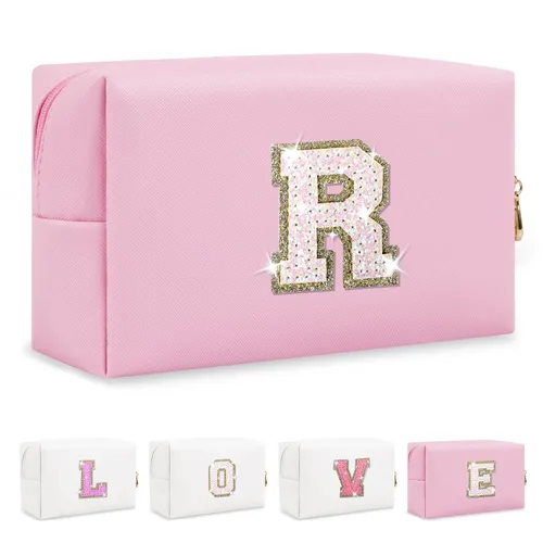 Miniatura 75 de Pequeña bolsa de maquillaje personalizada con inicial A-Z Preppy Patch, bolsa de cosméticos de viaje de felpilla blanca con cremallera, bonita bolsa