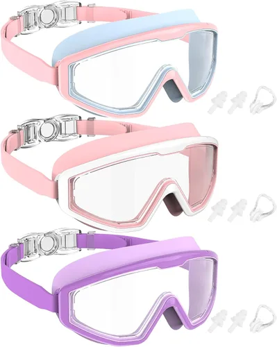 Miniatura 14 de NSSIW Gafas de natación para niños, antiniebla, sin fugas, con clip para la nariz, tapones para los oídos para niñas, niños y jóvenes, 6-14, paquete