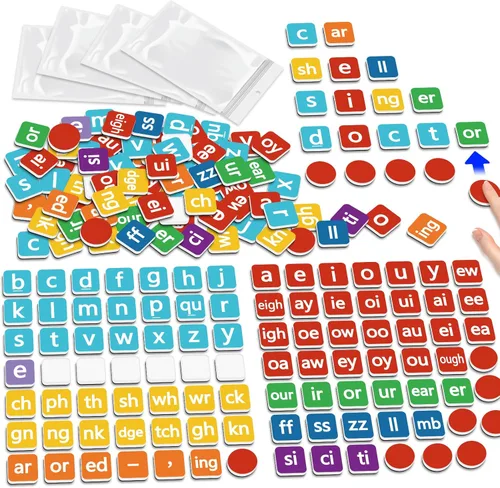 Letras magnéticas fonéticas, juegos de lectura de ortografía, conciencia fonémica manipulativa, construcción de oraciones, alfabeto, ABC, imanes de