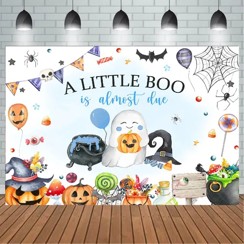 Miniatura 3 de Blue A Little Boo - Telón de fondo para baby shower para niños, Halloween, calabaza, baby shower, fantasma, Halloween, baby shower, decoraciones