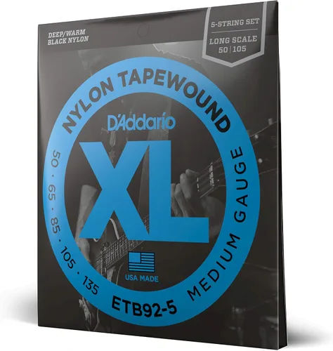 Miniatura 5 de D'Addario Cuerdas para Bajo, Enrolladas en Cinta Negra de Nylon, ETB92M, Escala Media, Calibre Medio 50-105, Juego de 4 Cuerdas, Paquete de 1