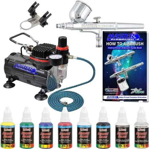 Master Airbrush Kit de cepillo de aire multiusos con compresor de aire, 6 colores opacos primarios de pintura acrílica, set de artista de pintura