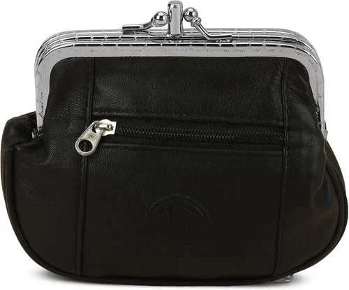 Leatherboss - Cartera de piel auténtica con doble marco y bolsillo con cremallera