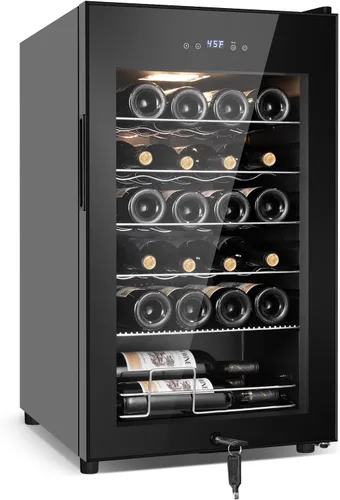 Miniatura 11 de Tylza Refrigerador de vino de 8 botellas, bodega con puerta de vidrio templado de baja emisión, pantalla táctil LED, cerradura, sin escarcha, sin