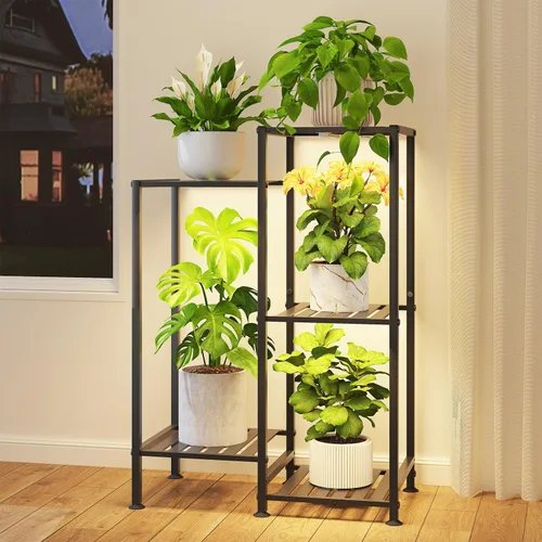 Miniatura 12 de iDavosic.ly Soporte para plantas de 4 niveles para interiores con ruedas, estante de metal escalonado para flores al aire libre para macetas Negro