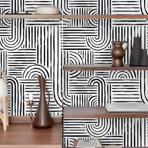 Miniatura 6 de VEELIKE Papel tapiz geométrico blanco y negro para despegar y pegar, papel tapiz abstracto moderno para dormitorio, baño, decoración de pared