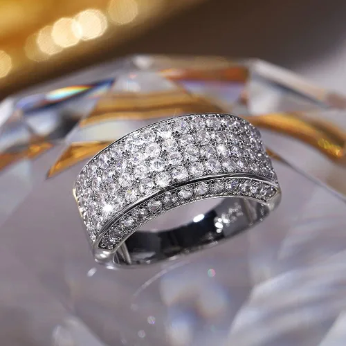 Miniatura 2 de Anillo de plata de ley 925 brillante con diamantes de circonita cúbica, anillo de múltiples filas, anillo de compromiso de eternidad, anillo de boda