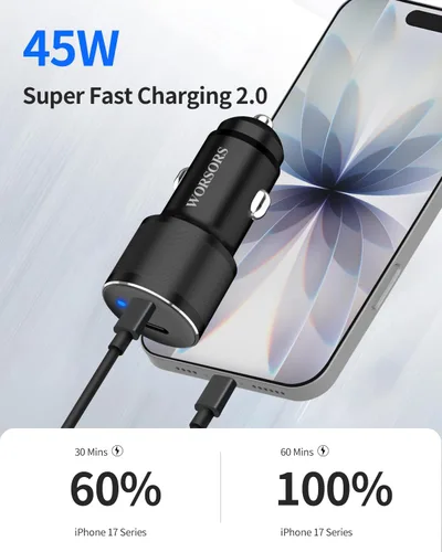 Miniatura 2 de Cargador de coche dual de 45W USB C, carga súper rápida de 90W máx, adaptador de encendedor de cigarrillos de 12V totalmente metálico para iPhone 17