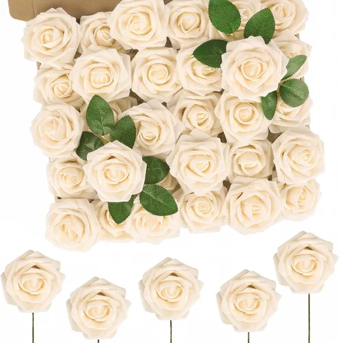 Miniatura 75 de N&T NIETING 25 unidades de flores artificiales, Rosas de espuma artificial de sensación real al tacto, decoración para boda, dama de honor, ramo